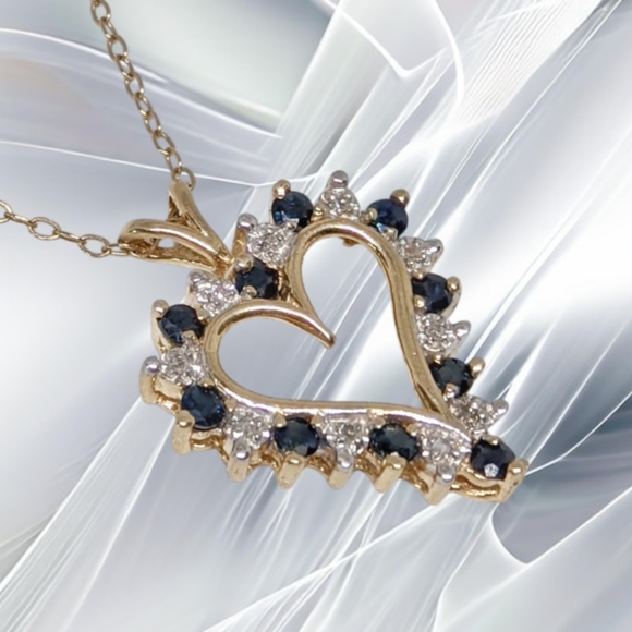 CJG ~ 10k Gold Heart with Sapphires and Diamonds with 10k Gold Chain - Picture 2 of 7